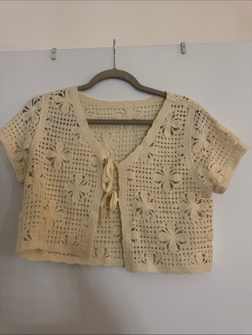 Crocheted Floral Tie-Front Cardigan in Cream
